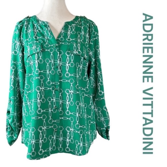 Adrienne Vittadini Tops - ADRIENNE VITTADINI V-Neck Button Front Blouse, Green, Black & White, Size M.